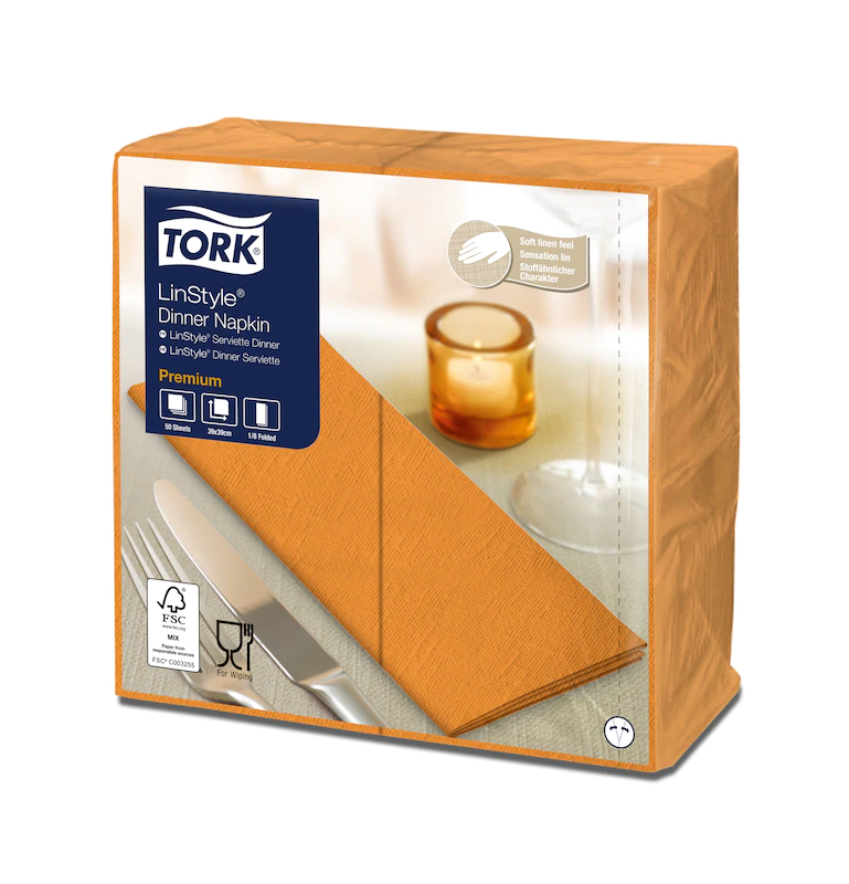 Servetele de masa Premium 39x39 1/8, LinStyle Tork, alb portocaliu 